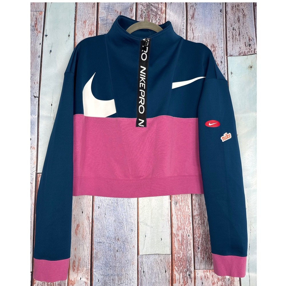 Nike Pro Dri-FIT Active Wear Women Cropped Quarter Zip Pullover Teal Pink Medium